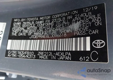 2020 Toyota Corolla Le из США, поврежденный, VIN JTDEPRAE6LJ096618